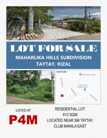 612 sqm. Residential Lot for Sale in Taytay Rizal - Maharlika Hills