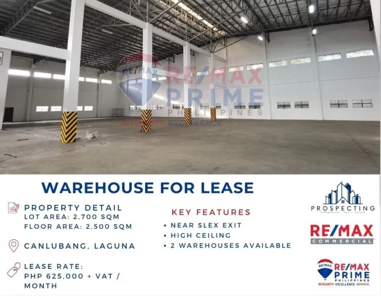 For Lease: Warehouse near SLEX Exit in Canlubang, Laguna: 2700 sqm