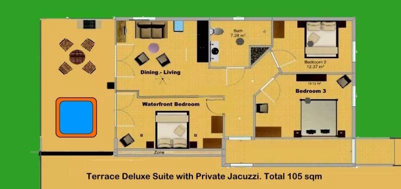 Waterfront Terrace Suite deluxe. 105 sqm, 3 BR incl. a private Jacuzzi